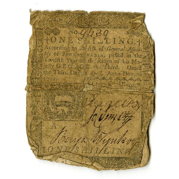 PA. Colonial Banknote, 1772. 1 Shilling, Issued Colonial Banknote