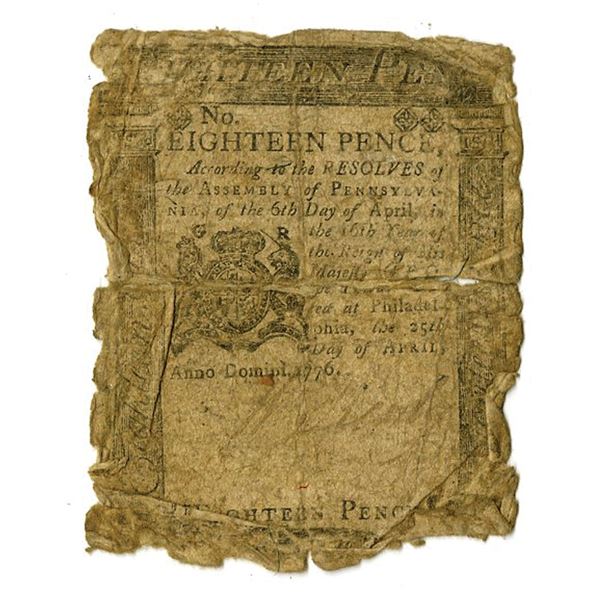 PA. Colonial Banknote, 1776, 18 Pence, Issued Colonial Banknote