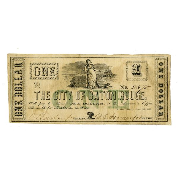 LA. City of Baton Rouge, 1862, $1, Issued Obsolete Scrip Note