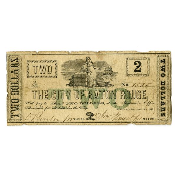 LA. City of Baton Rouge, 1862, $2, Issued Obsolete Scrip Note