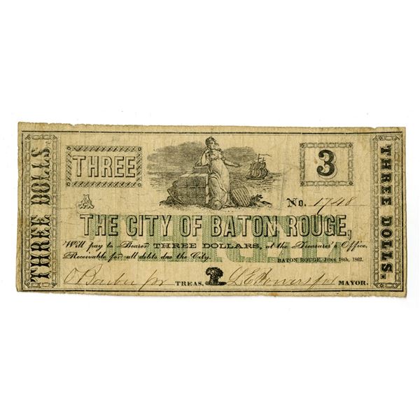 LA. City of Baton Rouge, 1862, $3, Issued Obsolete Scrip Note