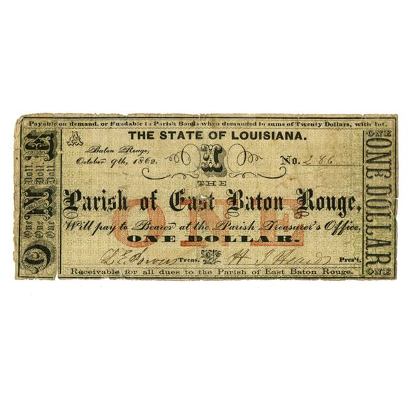 LA. The Parish of East Baton Rouge, 1862, $1, Issued Obsolete Scrip Note