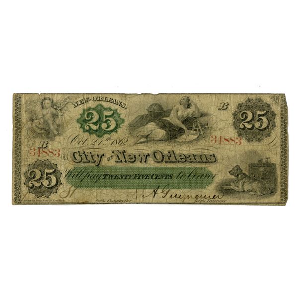 LA. City of New Orleans, 1862, 25 Cents Issued Obsolete Scrip Note