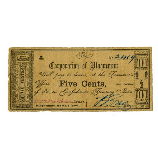 LA. Corporation of Plaquemine, 1862, 5 Cents Issued Obsolete Scrip Note