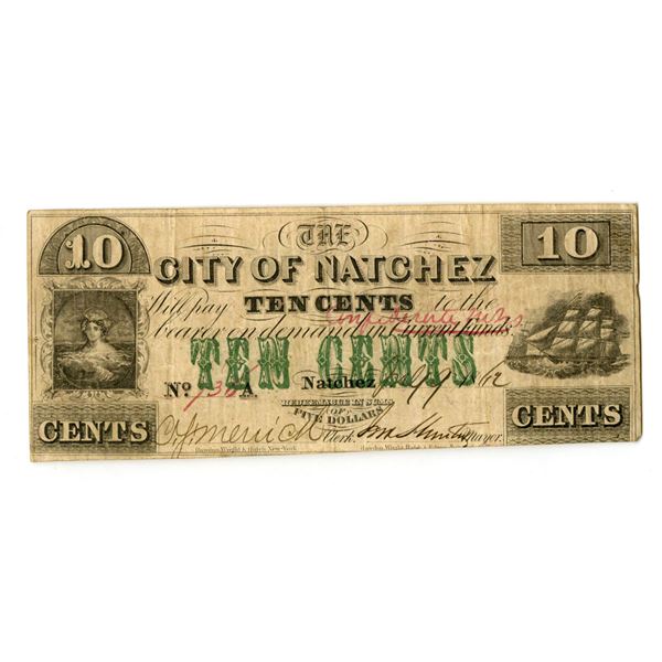 MS. The City of Natchez, 1862,  Intriguing 10 Cents Issued Obsolete Scrip Note Payable in Confederat