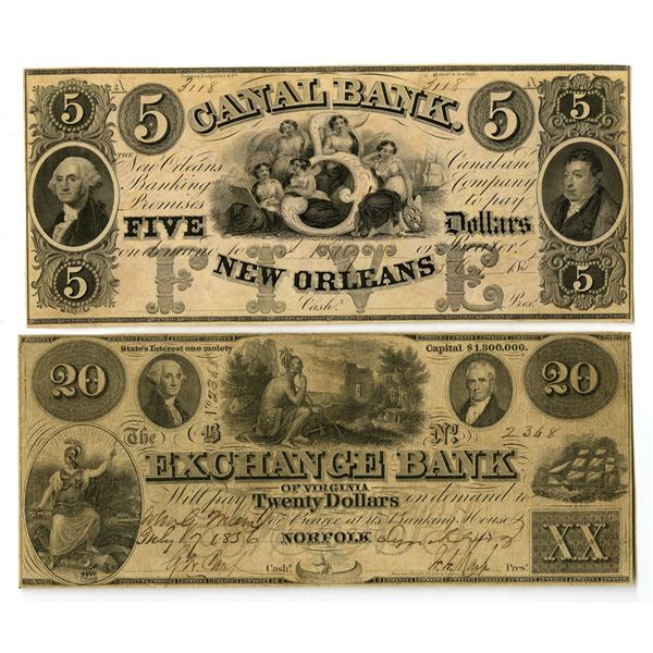 LA&VA. Exchange Bank and Canal Bank, 1836 to 1853, Issued Banknote Pair.K865K822K823:K863KK823:K863