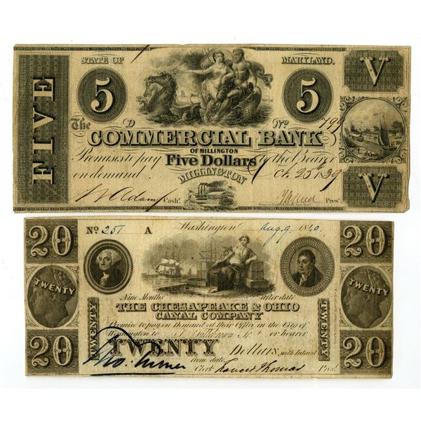 MD. Commercial Bank of Millington, and, Chesapeake & Ohio Canal Co.,1839 & 1840, Issued Obsolete Ban