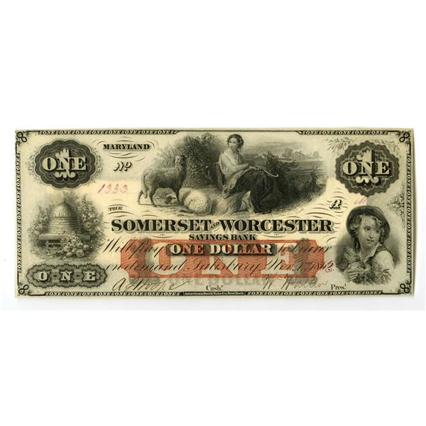 MD. Somerset and Worcester Savings Bank, 1863, Issued Obsolete Banknote.
