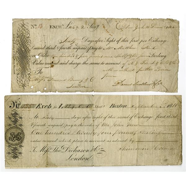 MA. & NY., Early American Bills of Exchange, 1800 and 1811, Issued Bills of Exchange