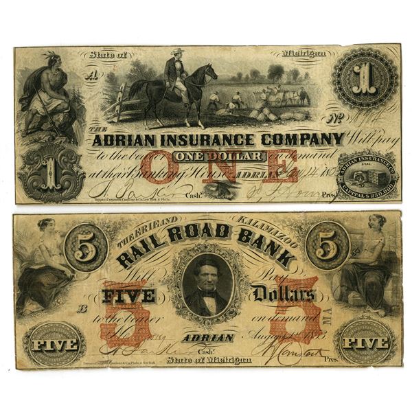 MI. Adrian Insurance Co., and Erie & Kalamazoo Rail Road Bank, 1953, Issued Obsolete Banknote Pair