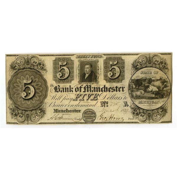 MI. Bank of Manchester, 1837, Issued Obsolete Banknote.