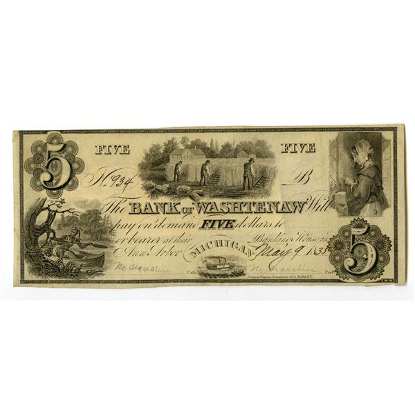 MI. Bank of Washtenaw, 1835, Issued Obsolete Banknote.