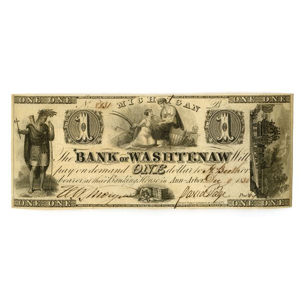 MI. Bank of Washtenaw, 1835, Issued Obsolete Banknote.