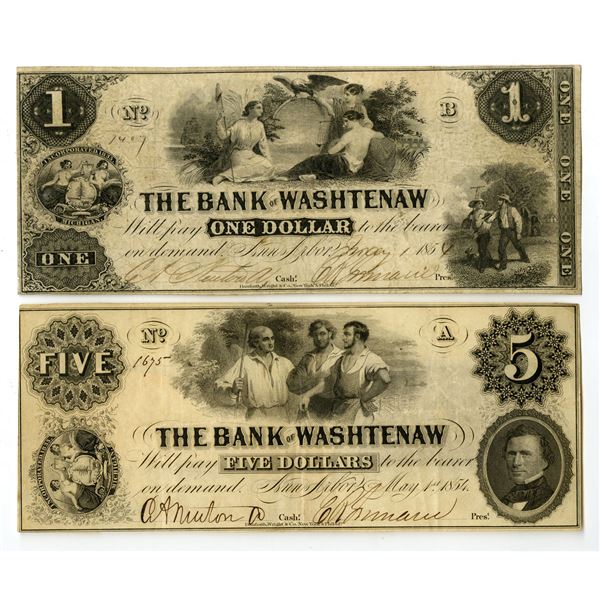 MI. Bank of Washtenaw, 1854, Issued Obsolete Banknote Pair.