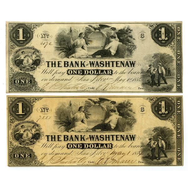MI. Bank of Washtenaw, 1854, Issued Obsolete Banknote Pair.