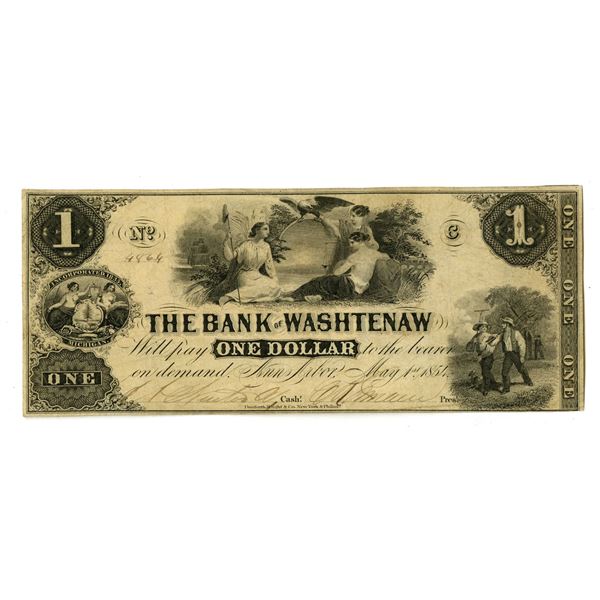 MI. Bank of Washtenaw, 1854, Issued Obsolete Banknote.