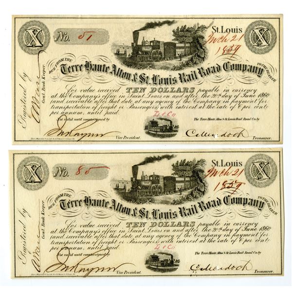 MO. Terre Haute Alton & St. Louis Rail Road Co., 1859, I/C Obsolete Payment Certificate Pair with Lo