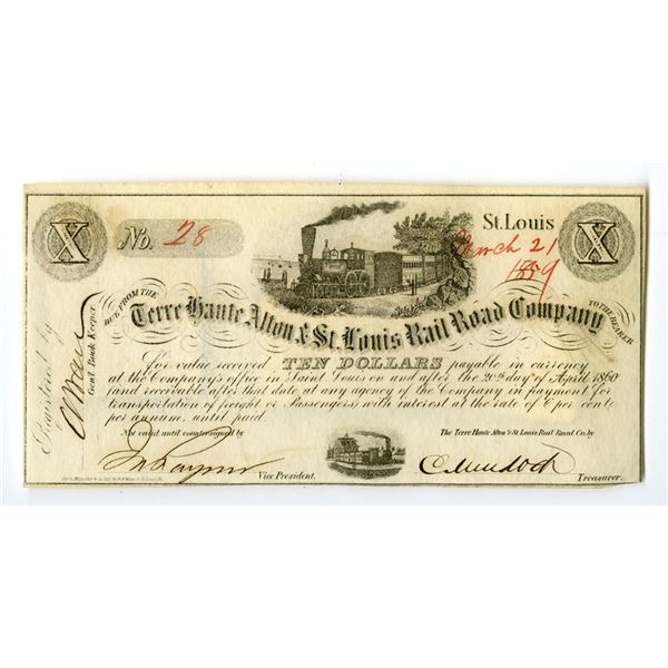 MO. Terre Haute Alton & St. Louis Rail Road Co., 1859, Issued Obsolete Payment Certificate with Low 