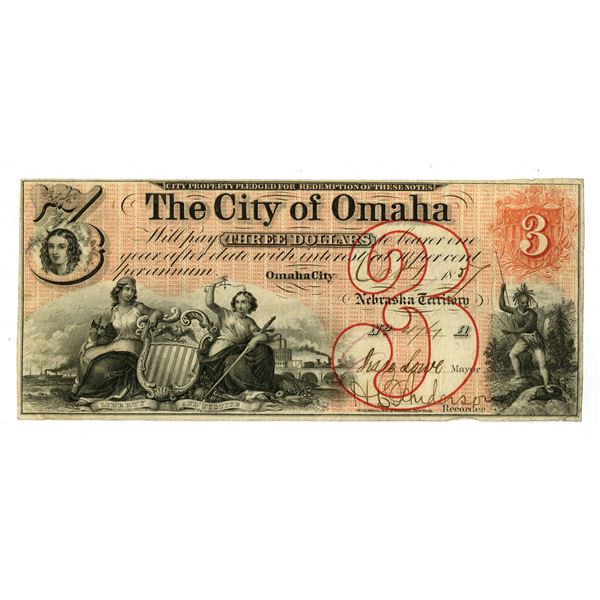 Nebraska Territory. City of Omaha, 1857, Issued Obsolete Banknote.