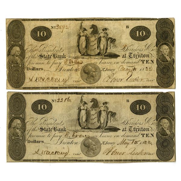 NJ. State Bank at Trenton, 1822, Issued Obsolete Banknote Pair.