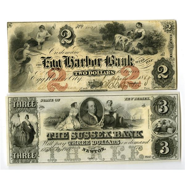 NJ. Sussex Bank and Egg Harbor Bank, ND (1850s) to 1861, Obsolete Banknote Pair.