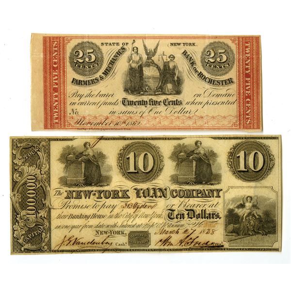 NY. 1838, New York Loan Co., and 1862, Farmers & Mechanics Bank of Rochester, Obsolete Banknote Pair