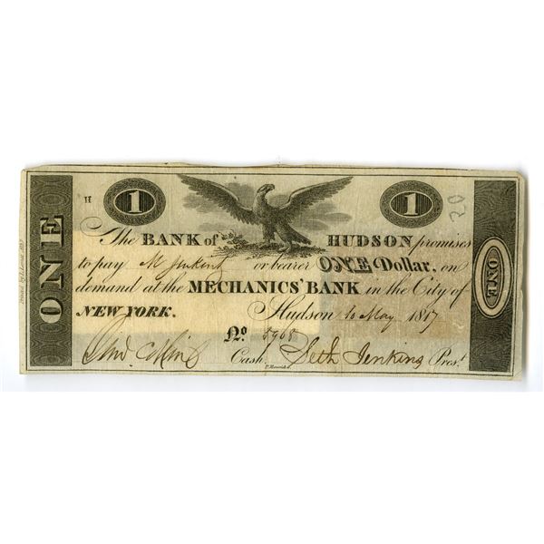 NY. Bank of Hudson, 1817, Issued Obsolete Banknote.