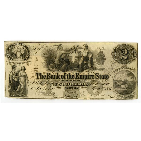 NY. Bank of the Empire State, 1851, Issued Obsolete Banknote.