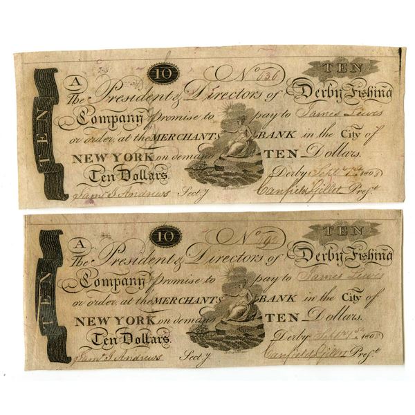 NY. Derby Fishing Co., 1808, Issued Obsolete Banknote Pair.