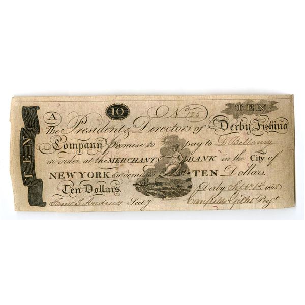 NY. Derby Fishing Co., 1808, Issued Obsolete Banknote with Low S/N.