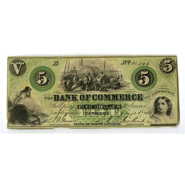 NC. Bank of Commerce at Newbern, 1861, Issued Obsolete Banknote.