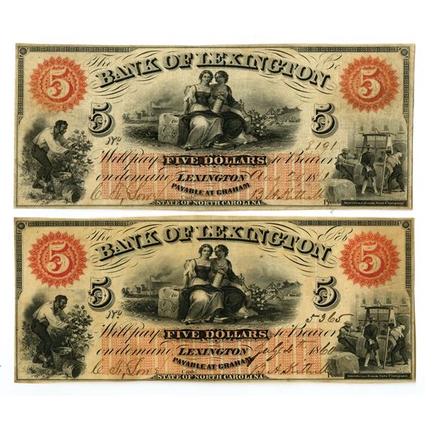 NC. Bank of Lexington, 1860, Issued Obsolete Banknote Pair.