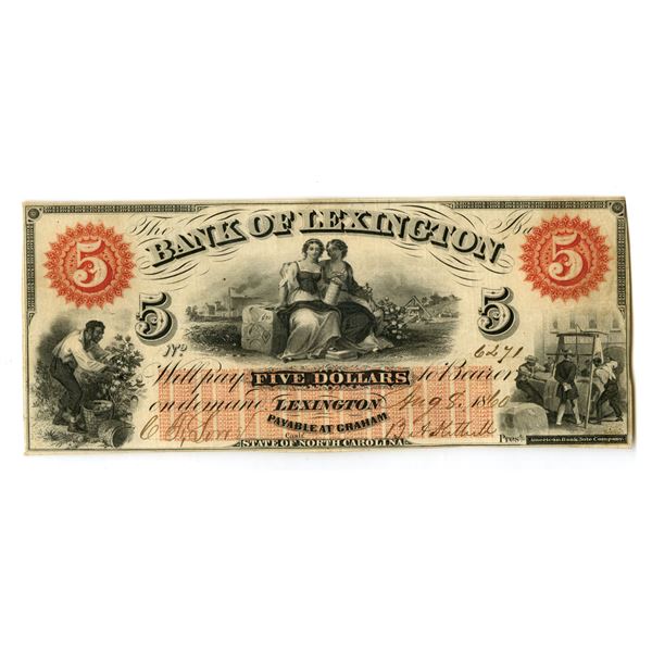 NC. Bank of Lexington, 1860, Issued Obsolete Banknote.