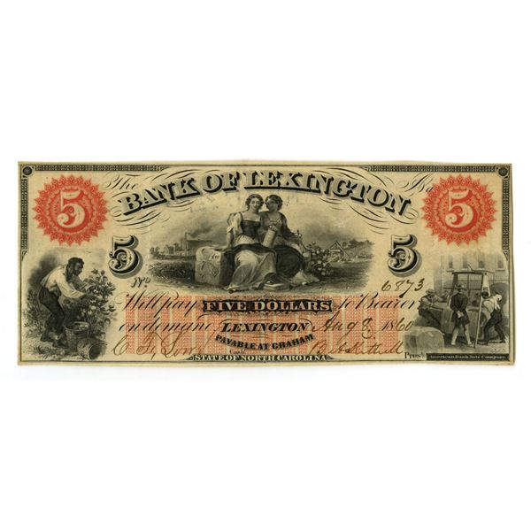 NC. Bank of Lexington, 1860, Issued Obsolete Banknote.