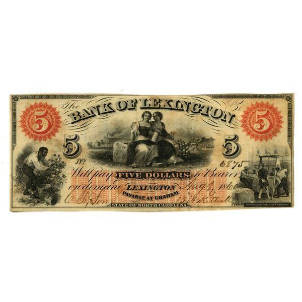 NC. Bank of Lexington, 1860, Issued Obsolete Banknote.