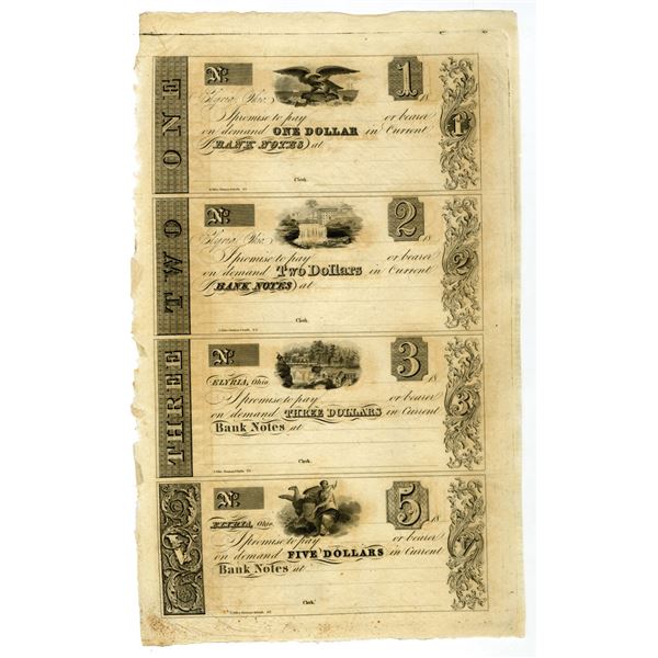 Elyria, Ohio Obsolete Banknote Uncut Sheet of 4 Notes, ND (1830s to 1840s).