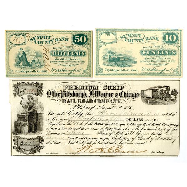 OH., PA., Summit County Bank and Pittsburgh, Ft. Wayne & Chicago Railroad Co., 1856 to 1862, Issued 