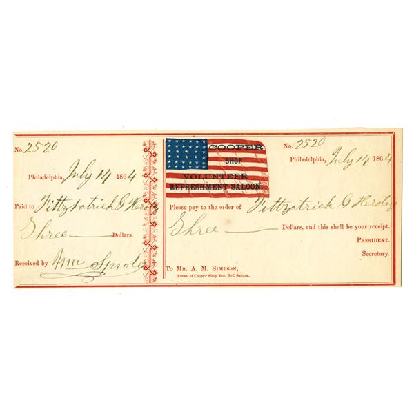 PA. Civil War, Cooper Shop Volunteer Refreshment Saloon, 1864, Patriotic Issued Check