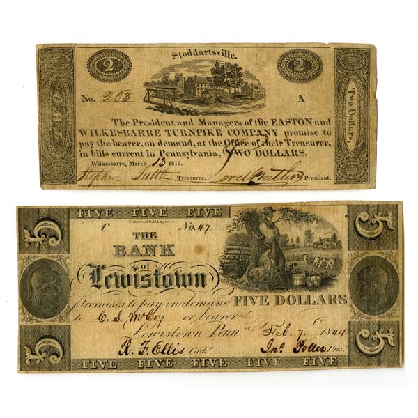 PA. Easton and Wilkesbarre Turnpike Co. & Bank of Lewiston, 1816 to 1844, Issued Obsolete Banknote P