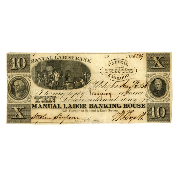 PA. Manual Labor Banking House, 1836, Issued Obsolete Banknote.