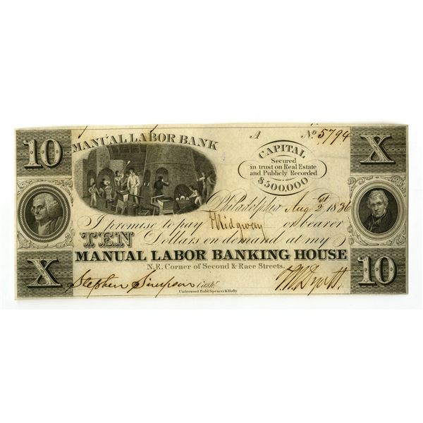 PA. Manual Labor Banking House, 1836, Issued Obsolete Banknote.