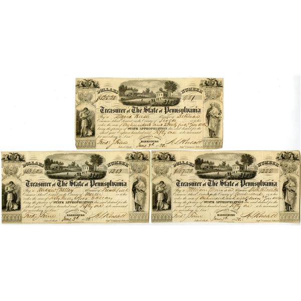 PA. Treasurer of the State of Pennsylvania, 1850, State Appropriation School Fund Warrant Trio.