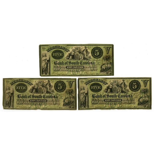 SC. Merchants' Bank of South Carolina, 1857 to 1859, Issued Banknote Trio.