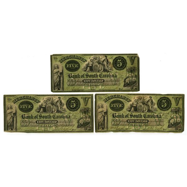 SC. Merchants' Bank of South Carolina, 1857 to 1859, Issued Obsolete Banknote Trio.