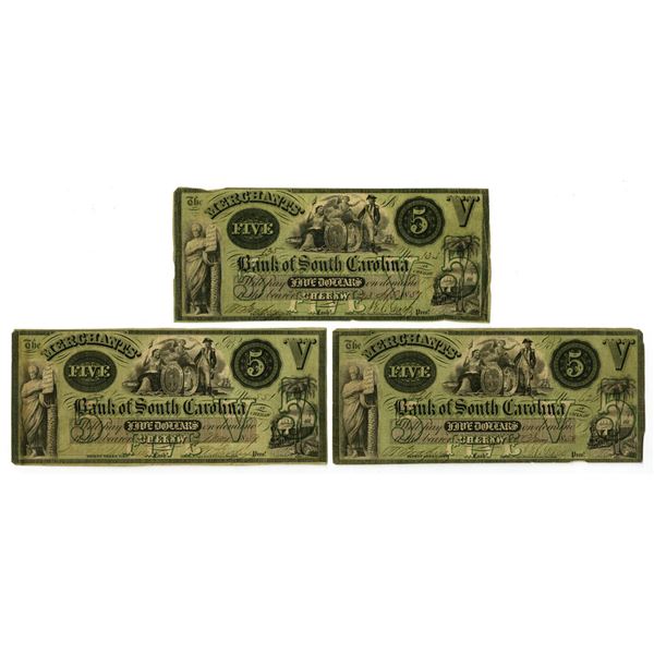 SC. Merchants' Bank of South Carolina, 1857 to 1859, Issued Obsolete Banknote Trio.