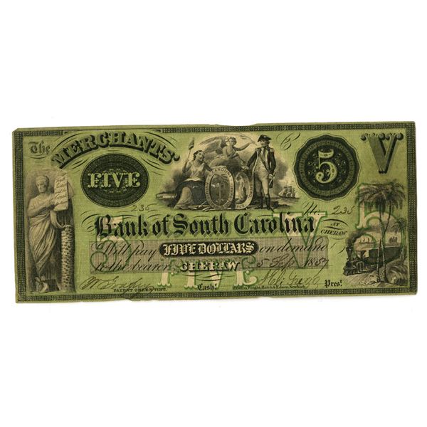 SC. Merchants' Bank of South Carolina, 1857, Issued Obsolete Banknote.