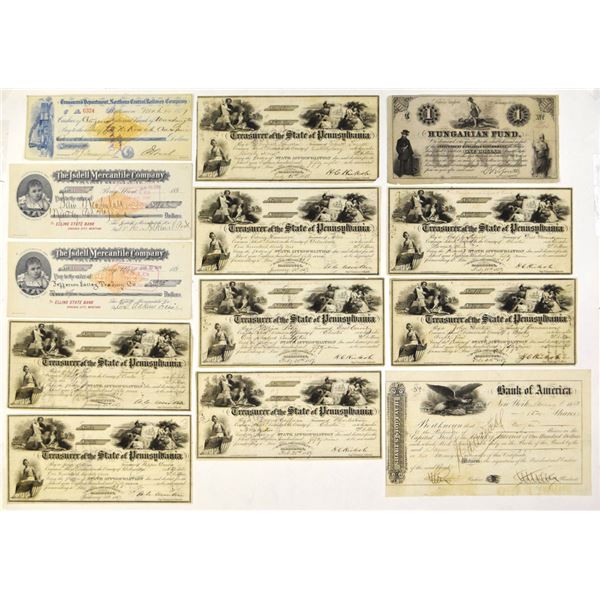 Treasury Warrants, Merchant Drafts, Revenue Imprinted Check, and 1850s Hungarian Charity Notes, 1835