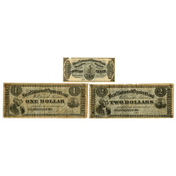 VA. First National Oyster Bank, 1868, Issued and Unissued Banknote Trio.