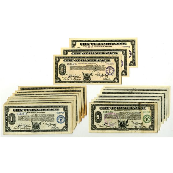 MI. City of Hamtramck, 1933 to 1934, Assortment of I/C Depression Scrip Notes, the $5 Series A is S/