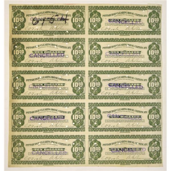 PA. Pittsburgh Clearing House Certificate, ND (1907), Uncut Specimen-Proof Sheet of 10, $10 Depressi